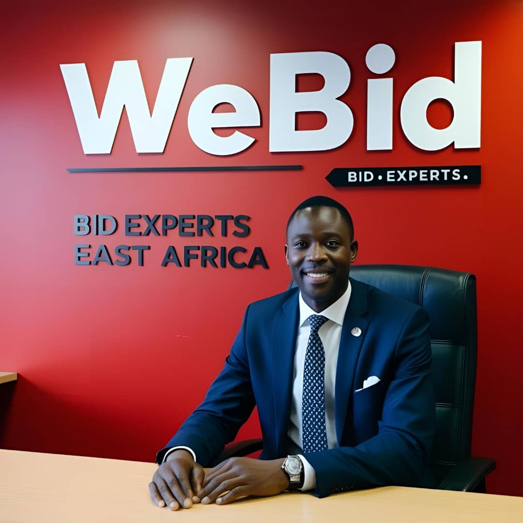 A bid writing expert in a blue suit sits at a wooden desk in an office chair with hands clasped. The background features a red wall with the "WeBid" logo in large white and black letters, and "BID EXPERTS EAST AFRICA" in smaller black and white text.