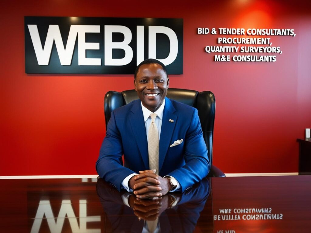 A person in a blue suit sits at a polished wooden desk in an office with a red wall. Behind them, a black sign with white text reads "WEBID," and smaller white text on the wall lists services: "BID & TENDER CONSULTANTS, PROCUREMENT, QUANTITY SURVEYORS, M&E CONSULTANTS." The desk reflects part of the sign
